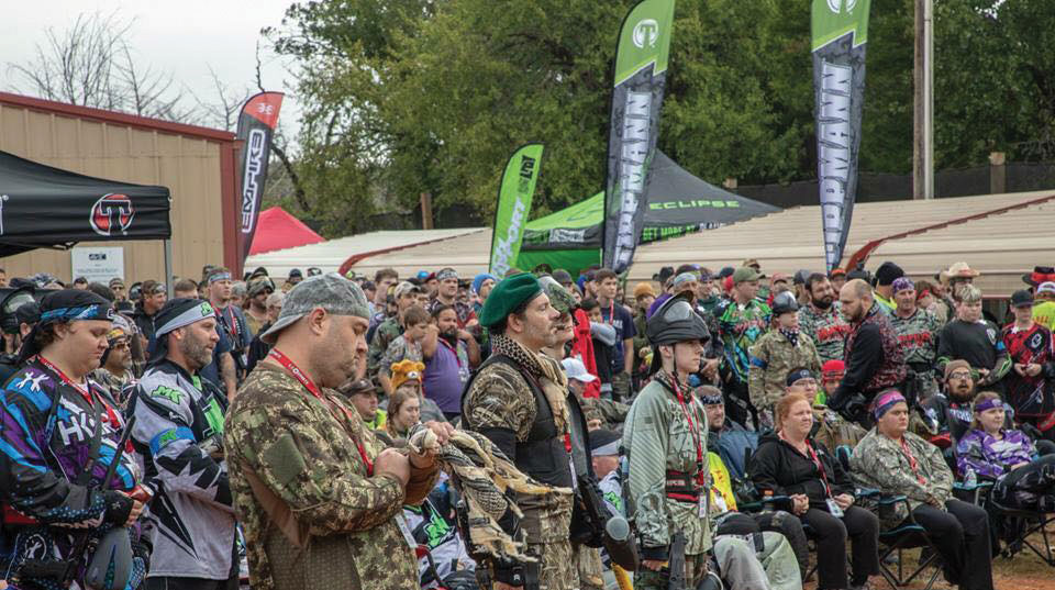 A big crowd of players being briefed at Avid Extreme Sports Park in Oklahoma in October at a Paintball game. 